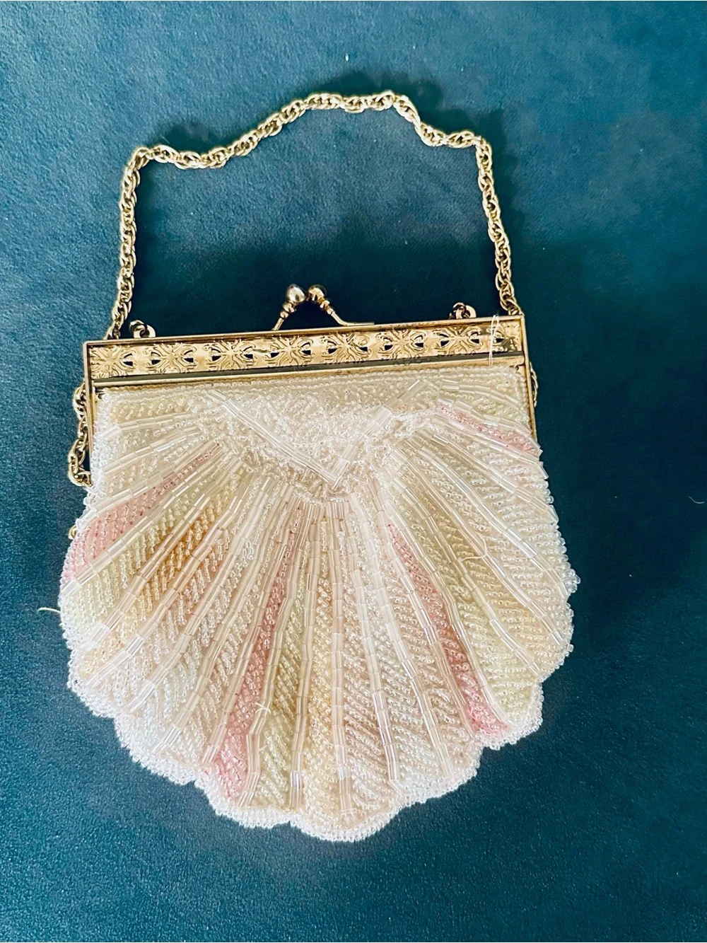 Vintage White & Pink Beaded Clamshell Purse Evening Bag With Crossbody Strap